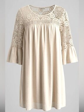 Indigo Rose Cream Lace Boho Dress 1X 3/4 Sleeve Crochet Overlay Flowy Festival